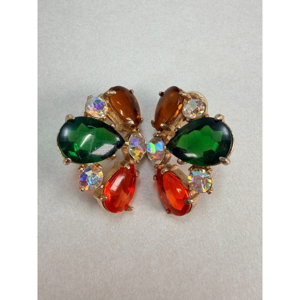 Vintage Multicolor Rhinestone Glass Earrings Jewel Tone Statement Glam Gold Tone